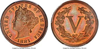 Patterns 1881 5C Liberty Nickel, Judd-1672, Pollock-1873, High R.6, PR65 Red and Brown PCGS. CAC. The obverse of this...