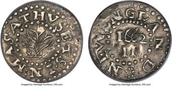 Colonials 1662 Oak Tree Twopence, Large 2, Noe-34, W-240, Salmon 1-B, R.5, XF45 PCGS. This die variety is attributable...