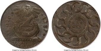 Federal Contract Coinage 1787 1C Fugio Cent, STATES UNITED, 4 Cinquefoils, Pointed Rays, N. 13-X, W-6855, R.2, AU58...