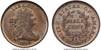 Half Cents 1804 1/2 C Spiked Chin, C-8, B-7, R.1, MS64 Brown NGC. A relatively early die state for the C-8 variety...