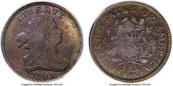 Half Cents 1805 1/2 C Small 5, Stems, C-3, B-3, R.4, Fine 15 PCGS. Manley Die State 2.0. The combination of a Small 5...