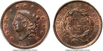 Large Cents 1835 1C Small 8 and Stars, N-5, R.2, MS64 Red and Brown PCGS. CAC. Noyes Die State B/D. Rich chestnut-brown...
