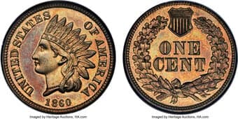 Proof Indian Cents 1860 1C PR65 NGC. Snow-PR1. The 1860 Indian Cent proof is the first-year issue to feature the oak...