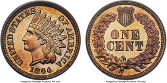 Proof Indian Cents 1864 1C Copper-Nickel PR65 Cameo PCGS. Stunning yellow-gold surfaces display a subtle hint or two of...