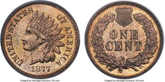 Proof Indian Cents 1877 1C PR64 Red and Brown PCGS. This near-Gem displays a medley of yellow-gold, light green,...