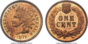 Proof Indian Cents 1877 1C PR64 Red PCGS. CAC. Original red surfaces are lighter at the peripheries, and abrasions are...