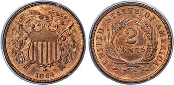 Two Cent Pieces 1864 2C Small Motto, FS-401, MS65 Red and Brown PCGS. CAC. The introductory Small Motto variety is far...