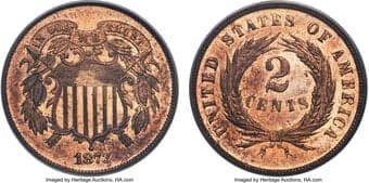 Proof Two Cent Pieces 1873 2C Open 3 PR64 Red and Brown PCGS. Proof 1873 two cent pieces of the Open 3 variety were...