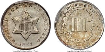 Three Cent Silver 1851-O 3CS MS65 PCGS. At the beginning of production for the three cent silver denomination, the New...