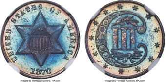 Proof Three Cent Silver 1870 3CS PR67 NGC. The 1870 proof issue of three cent silver was tied with the 1860 and 1861...