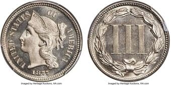 Proof Three Cent Nickels 1877 3CN JD-1, Low R.2, PR66 PCGS. CAC. Brilliant contrasted surfaces do not deviate from the...