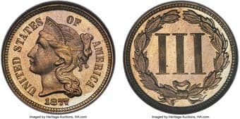Proof Three Cent Nickels 1877 3CN JD-1, Low R.2, PR66 Cameo NGC. The 1877 is the most prized of the proof-only three...
