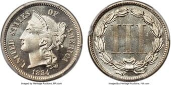 Proof Three Cent Nickels 1884 3CN JD-1, R.1, PR68 Cameo PCGS. Attractive mercurial-silver luster adorns this piece...