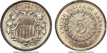 Shield Nickels 1867 5C Rays MS66 PCGS. Second-year Shield nickels were struck with and without reverse rays. This is...