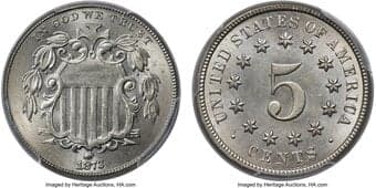 Shield Nickels 1873 5C Open 3 MS66 PCGS. CAC. The Open 3, is the more available of the two date logotype varieties, as...