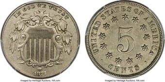 Shield Nickels 1873 5C Open 3, Large Over Small Date, FS-1301, AU55 PCGS. CAC. The Cherrypickers' reference states:...