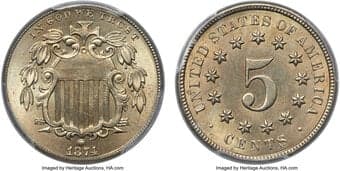 Shield Nickels 1874 5C MS66 PCGS. CAC. The strike is impressively bold on this Premium Gem 1874 Shield nickel, even...