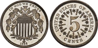Proof Shield Nickels 1866 5C Rays, JD-1, Low R.3, PR66 Cameo PCGS. The introductory-year 1866 is the sole collectible...