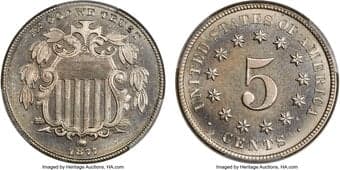 Proof Shield Nickels 1877 5C JD-1, R.2, PR66+ PCGS. CAC. Delicate iridescence accents the nickel-gray surfaces, and the...