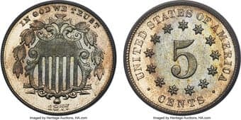Proof Shield Nickels 1877 5C JD-1, R.2, PR65 Cameo PCGS. The 1877 Shield nickel is a proof-only issue of uncertain...