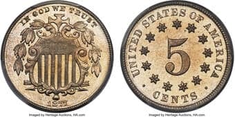Proof Shield Nickels 1877 5C JD-1, R.2, PR66 Cameo PCGS. From a limited proof-only mintage of 900 pieces, this...