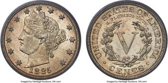 Liberty Nickels 1885 5C MS64 PCGS. CAC. Dusky golden toning over this Choice 1885 Liberty nickel attests to the...