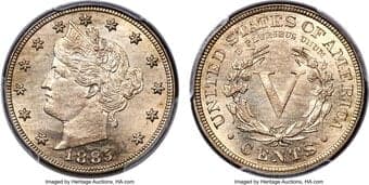 Liberty Nickels 1885 5C MS65 PCGS. A glowing Gem representative of this famous Liberty nickel key date, of which only...