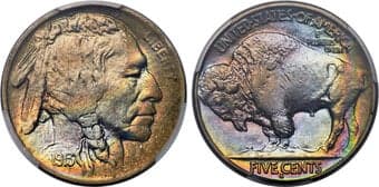 Buffalo Nickels 1913-S 5C Type Two MS66 PCGS. The 1913 Type Two Buffalo nickel added a grassy plain for the bison to...