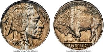 Buffalo Nickels 1935 5C Doubled Die Reverse, FS-801, AU58 ANACS. Die 1. Formerly FS-018. Bold die doubling exists on...