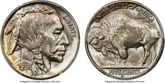 Buffalo Nickels 1936-S 5C MS67+ PCGS. CAC. Deep silver luster coalesces with pastel iridescence towards the rim, akin...