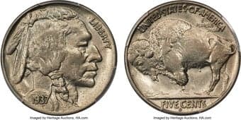 Buffalo Nickels 1937-D 5C Three-Legged, FS-901, MS62 PCGS. Excessive polishing of the reverse die effaced the Bison's...