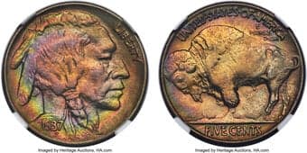 Buffalo Nickels 1937-D 5C Three-Legged, FS-901, MS62 NGC. Vivid multicolor toning forms concentric circles around each...
