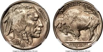 Buffalo Nickels 1938-D/D 5C MS68 NGC. FS-502. The mintmark is noticeably repunched on the FS-502 variety, with the...