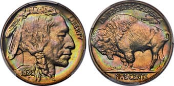 Proof Buffalo Nickels 1936 5C Type One -- Satin Finish PR68 PCGS. Brilliant iridescence encircles the rims of this...