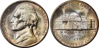 Jefferson Nickels 1945-S 5C MS67+ Full Steps PCGS. Cool frosted silver luster coalesces alongside subtle iridescence...