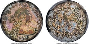 Early Half Dimes 1796 H10C LIKERTY, V-1, LM-1, R.3, Fine 12 PCGS. A deeply toned example with fascinating hues of...