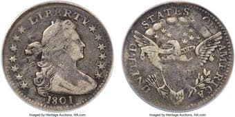 Early Half Dimes 1801 H10C V-3, LM-1, R.7 -- Bent -- NCS. Fine Details. Russell Logan and John McCloskey identified two...