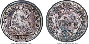 Seated Half Dimes 1846 H10C VF25 PCGS. CAC. Philadelphia produced meager amounts of half dimes and dimes in 1846,...