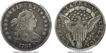 Early Dimes 1798/97 10C 16 Stars Reverse, JR-1, R.3, Fine 15 PCGS. The 1798/7 Bust dime owns a curious history as the...