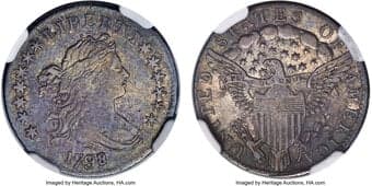 Early Dimes 1798/97 10C 16 Stars Reverse, JR-1, R.3, AU53 NGC. All four die varieties of 1798-dated dimes receive...