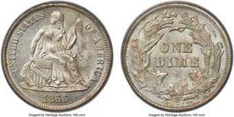 Seated Dimes 1866 10C F-102b, R.6, MS64 PCGS. A small die lump at the low shield point and an up-sloping date identify...