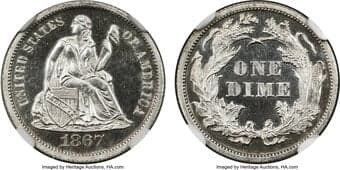 Seated Dimes 1867 10C MS62 Prooflike NGC. F-103, R.5. The 1867 Seated dime has the lowest mintage of the 1860s at just...