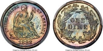 Proof Seated Dimes 1882 10C F-101, R.3, PR67 PCGS. CAC. A ring of fiery-orange toning surrounds an icy, blue-aqua...