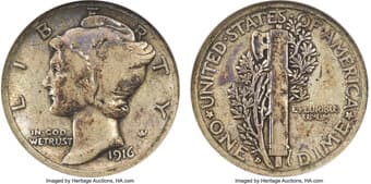 Mercury Dimes 1916-D 10C Fine 12 ANACS. This example displays deep silver overtones with royal-purple patina within the...