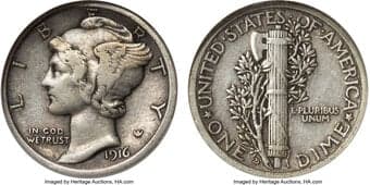 Mercury Dimes 1916-D 10C VF35 NGC. The Denver Mint produced only 264,000 pieces for the inaugural mintage of the 1916...