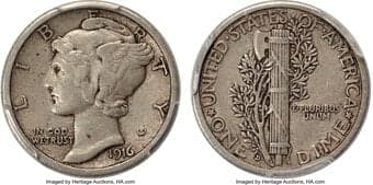 Mercury Dimes 1916-D 10C XF45 PCGS. Original stone-gray patina encompasses this Choice XF example, while all major...