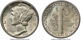 Mercury Dimes 1927-D 10C MS64 Full Bands PCGS. Lustrous silver-gray surfaces exhibit sharply struck design elements...