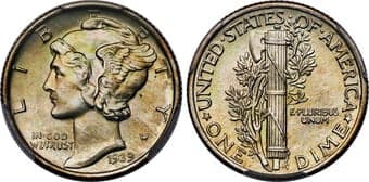 Mercury Dimes 1939 10C MS68 Full Bands PCGS. This pristine Superb Gem 1939 Mercury dime is layered in hazy emerald and...