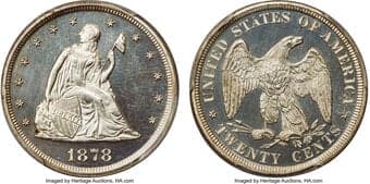 Proof Twenty Cent Pieces 1878 20C PR64 Cameo PCGS. BF-1, R.3. The Philadelphia Mint only produced 600 proofs of this...