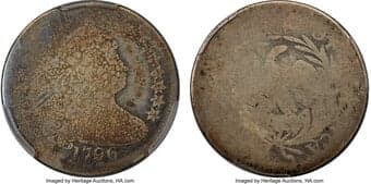 Early Quarters 1796 25C B-2, R.3, Poor 1 PCGS. The more available of two varieties used to strike a famously low...